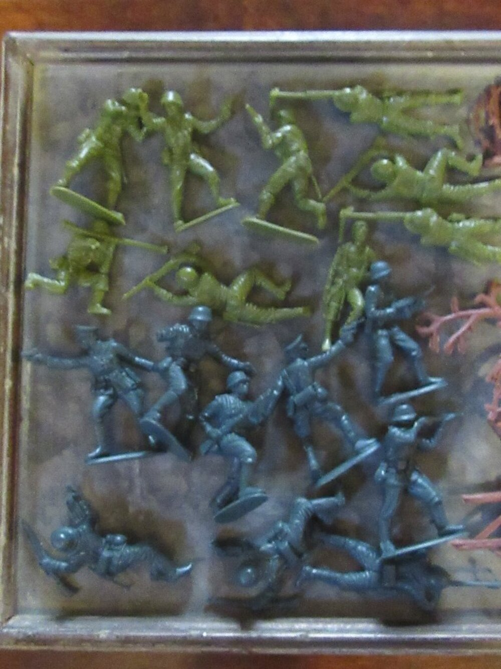 50 small plastic toys; some army men; turtles; flags; fences
